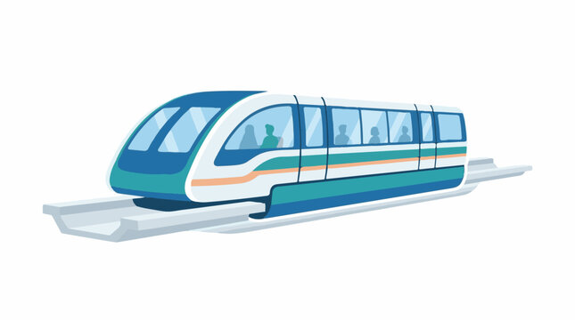 A futuristic monorail train travels on elevated tracks showing passengers within