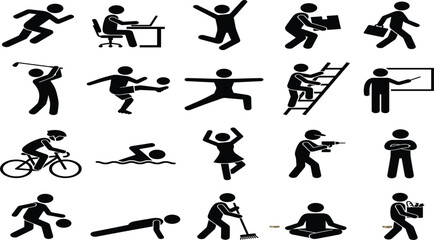 Obraz premium Stick Figure Silhouette Vector Icon Set Featuring Diverse Human Activities, Sports, Work, Chores, Exercise, and Daily Life Routine Poses for Infographic Designs