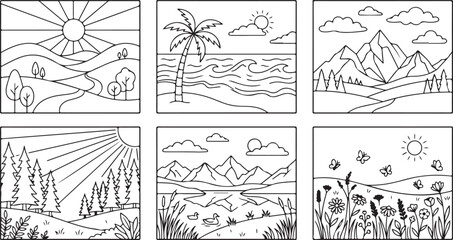 Obraz premium Six minimalist landscape line art illustrations, rural fields, mountains, beach, forest, lake, meadow, framed squares.