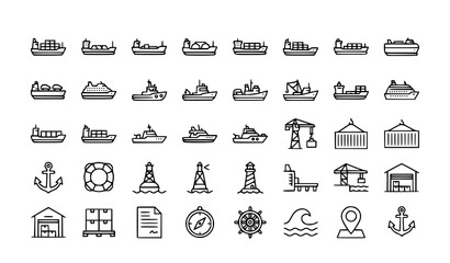 Cargo ship types pixel perfect outline icon set editable maritime transport vector © MdRabbi