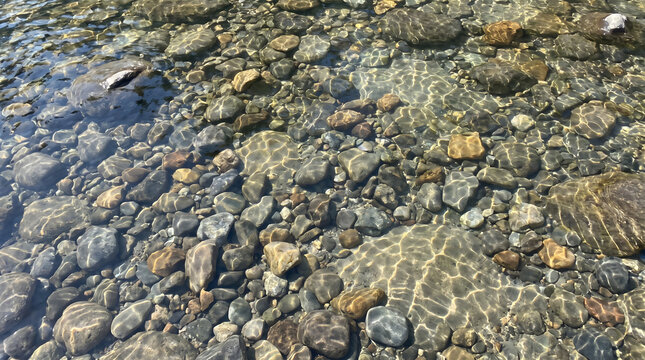Smooth river stones under clear flowing water. Natural pebbles visible through transparent shallow stream surface.