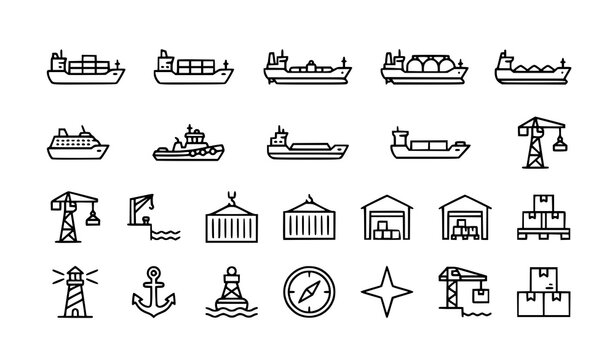 Editable cargo ship and maritime logistics vector icon bundle with sea freight outline symbols