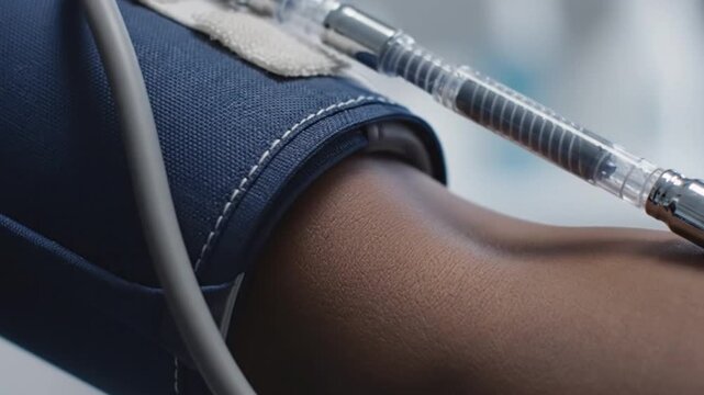 Macro shot of medical blood pressure cuff with tube connected during clinical checkup
