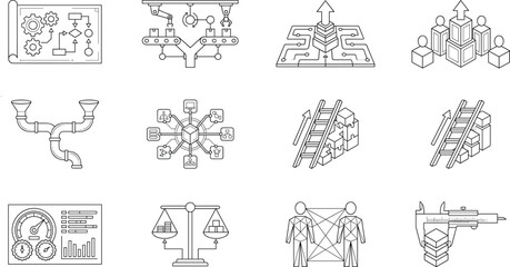 Fototapeta premium Business process management icons set with teamwork, analytics, networking, collaboration, and precision measurement concepts