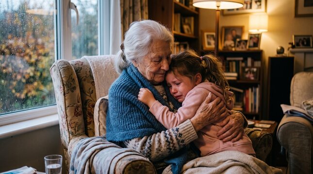 Elderly grandmother wearing a blue knitted shawl gently embraces her young crying granddaughter while sitting in a comfortable armchair inside a warm cozy living room during a rainy autumn afternoon