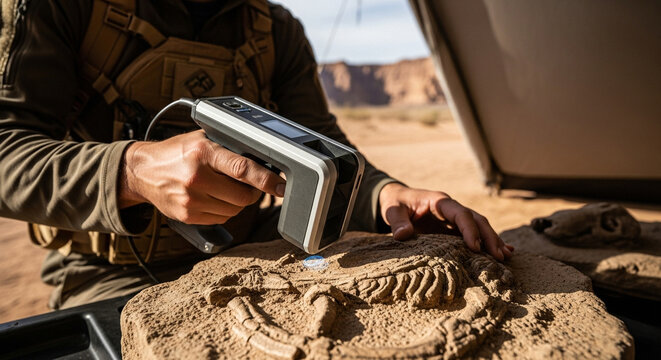 Archaeologist scanning fossil with handheld device in desert