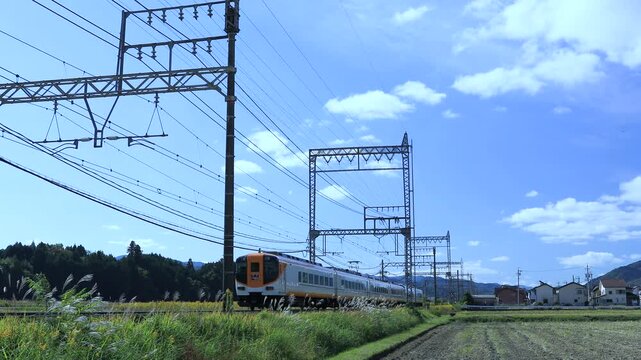 Kintetsu Railway Six‑Car Express Train Passing Through Countryside Under Clear Blue Sky &ndash; 4K Cool Tone (No Audio)