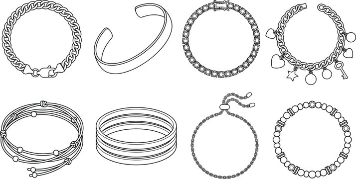 Collection of elegant bracelet designs including chains, charms, and bangles in professional line art