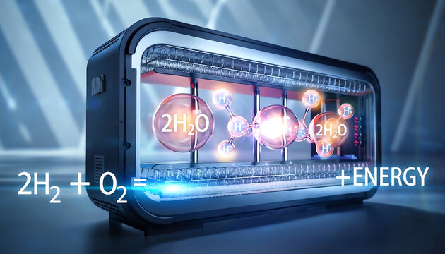 Hydrogen fuel cell generator device with chemical equation formula, futuristic clean energy synthesis with H2O molecules and power production concept