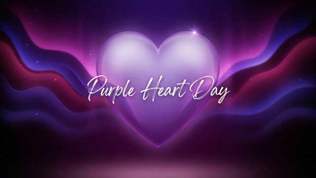 Purple Heart Day background with glowing heart and purple, pink, blue waves