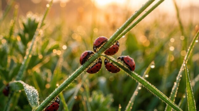 Macro shot of ladybugs on a dewcovered blade of grass at sunrise.