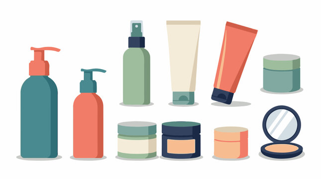 A collection of stylized cosmetic bottles tubes jars and a compact mirror