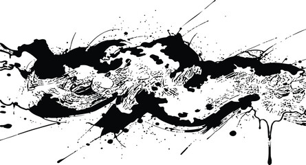 Obraz premium Abstract Black Ink Splash Horizontal Paint Splatter With Grunge Texture And Drip.