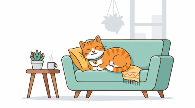 A content tabby cat naps peacefully on a teal couch with a pillow and blanket