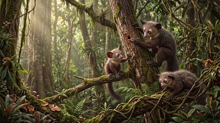 Fototapeta premium Three rare Aye-aye lemurs in a lush tropical rainforest habitat