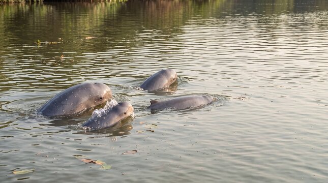 Group of rare Irrawaddy dolphins swimming in a river