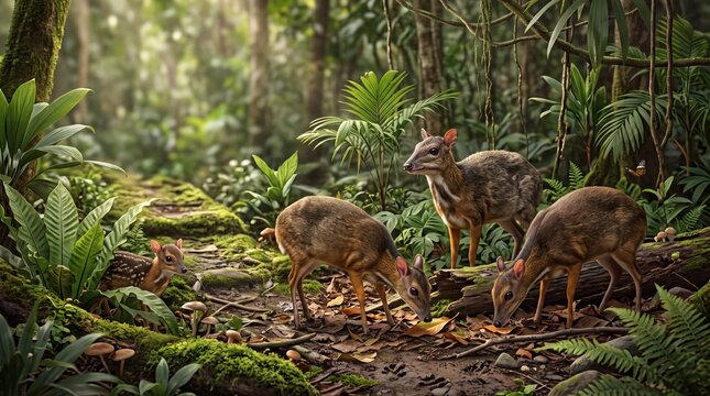 A family of mouse deer foraging in a lush, tropical rainforest
