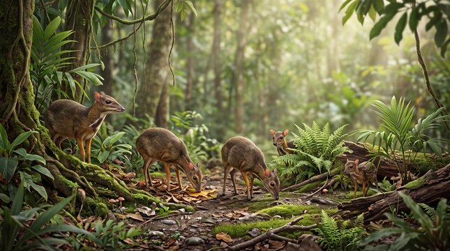 A family of mouse deer foraging in a lush tropical rainforest