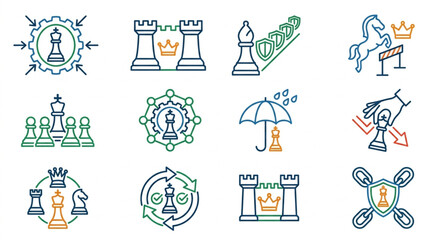 Collection of Chess Icons Representing Strategy and Competition. © To