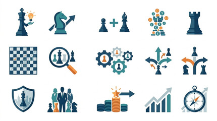 Collection of Chess Icons Representing Strategy and Business Concepts. © To