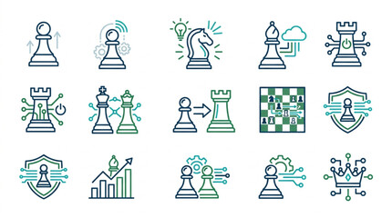 Collection of Chess Icons Representing Strategy and Technology. © To