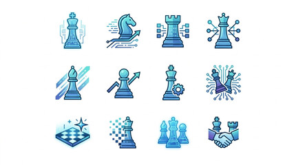 Collection of Chess Piece Icons with Futuristic Digital Elements. © To