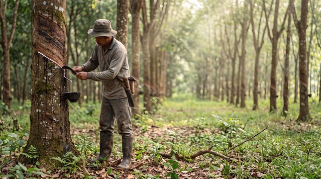 A rubber tapper working in a rubber tree plantation, collecting natural latex