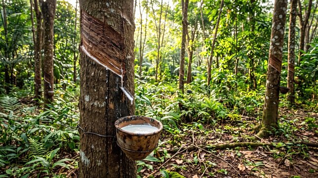 Rubber tree tapping in a plantation with sap collecting in a bowl