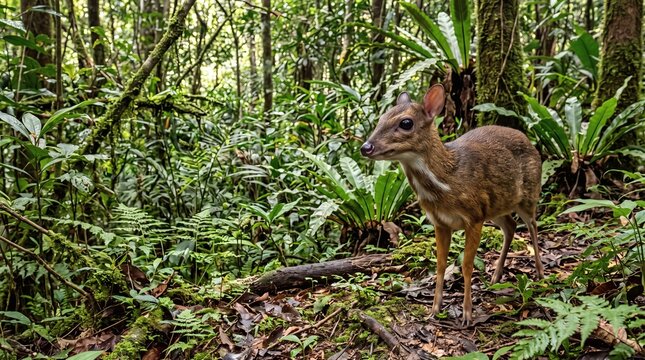 A small muntjac deer standing in a lush tropical rainforest