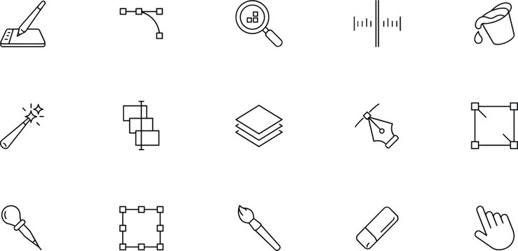 Vector linear icon set of graphic design software tools digital art creation vector path editing layered layout settings and photo retouching concepts