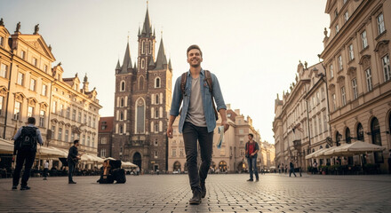 Obraz premium Man walking in historic European city square