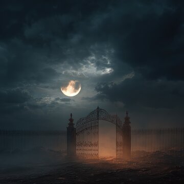 Dark Gothic Gate Open Under Moonlit Sky with Clouds and Fog