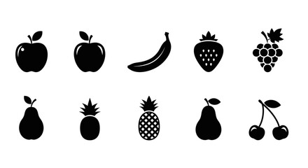 Black silhouettes of various fruits on white background with different fruits including including apples pears pears berries arranged arranged two rows © Kamola