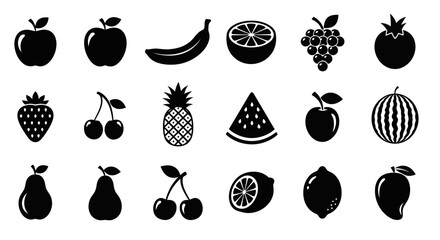 Black silhouettes of various fruits on white background with including apples bananas citrus fruits berries berries more arranged arranged rows plain © Kamola