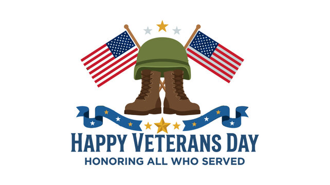 Happy Veterans Day Vector Illustration with American Flags Military Helmet and Combat Boots Honoring All Who Served
