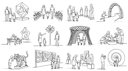 Obraz premium People visiting art exhibition, museum gallery, sculptures, modern art, families, children, architecture