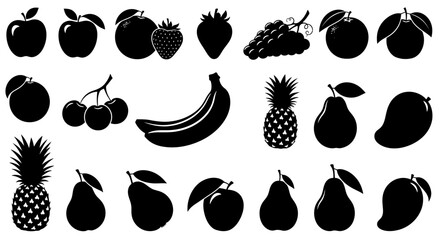 Black silhouettes of various fruits on white background with fruits including apples bananas more arranged illustration strawberry pineapple © Kamola