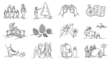 Outdoor Adventure Icons: Hiking, Camping, Nature Exploration, Family Activities © Fajar