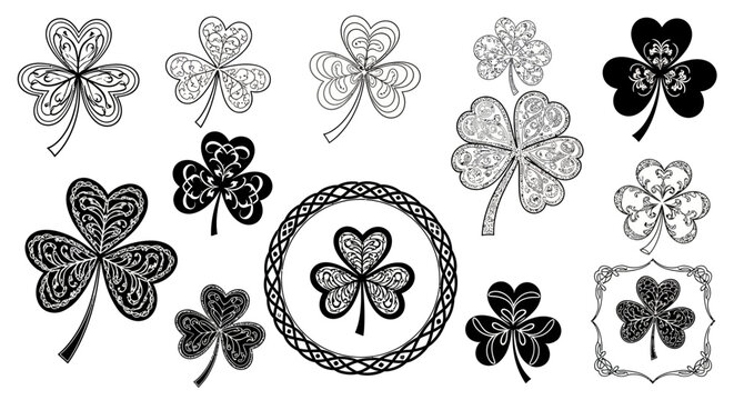 Collection of black and white shamrock designs with intricate patterns with each unique intricate st patricks day four leaf illustration celebration