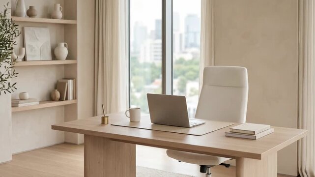 An office is set up with a desk, chair, laptop, and a few items. The room has large windows that show the city. It is a sunny day and the space is well lit