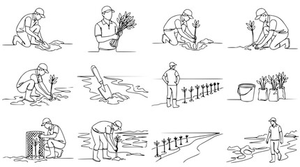 Obraz premium Gardening planting seedlings set, line art illustrations of people planting trees and plants in soil.