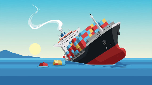 Vector illustration design of a cargo ship sinking in the ocean with lost containers representing maritime disaster and shipping accidents