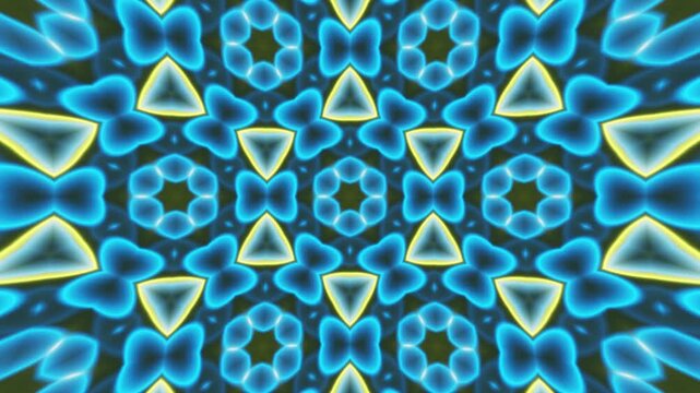 Neon Abstract Mandala Background with Kaleidoscope Geometry, Bright Symmetrical Pattern, Continuous Loop Animation and Colorful Digital Motion Design