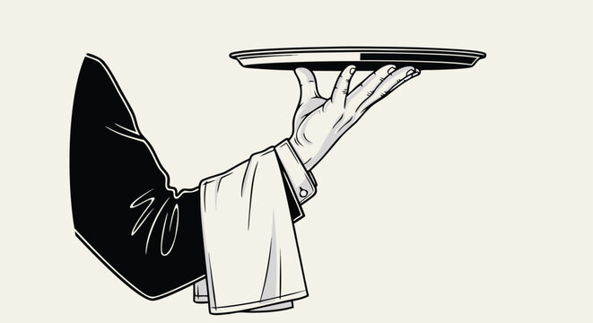 Hand of a waiter holding an empty silver platter Vector illustration design featuring a professional service concept for restaurant menu art