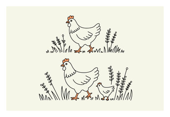 草原にいる鶏とひよこの愛らしいイラスト © any Stock