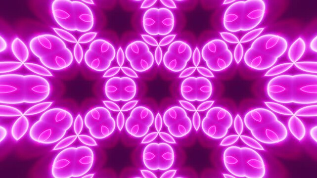 Abstract Glowing Kaleidoscope Background with Neon Mandala Pattern, Dynamic Geometric Animation, Vibrant Seamless Loop and Futuristic Visual Texture