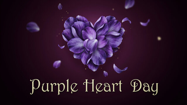 Purple heart flower arrangement on dark background for Purple Heart Day