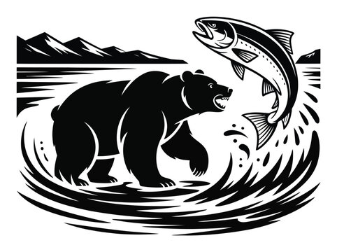 川で跳ねるサケを捕らえるハイイログマの白黒イラスト