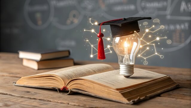 Graduation cap on a glowing light bulb. Concept of education and creative learning ideas.