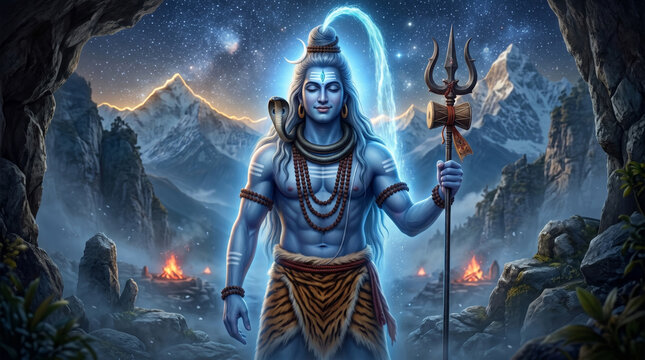 Lord Shiva Standing Before Snow-Covered Himalayan Mountains with a Sacred Trident